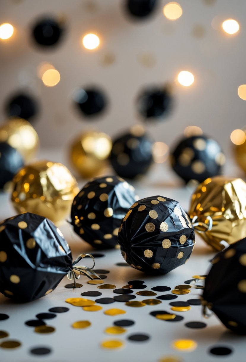 Black and gold confetti poppers with scattered confetti on a surface, set in a festive scene.