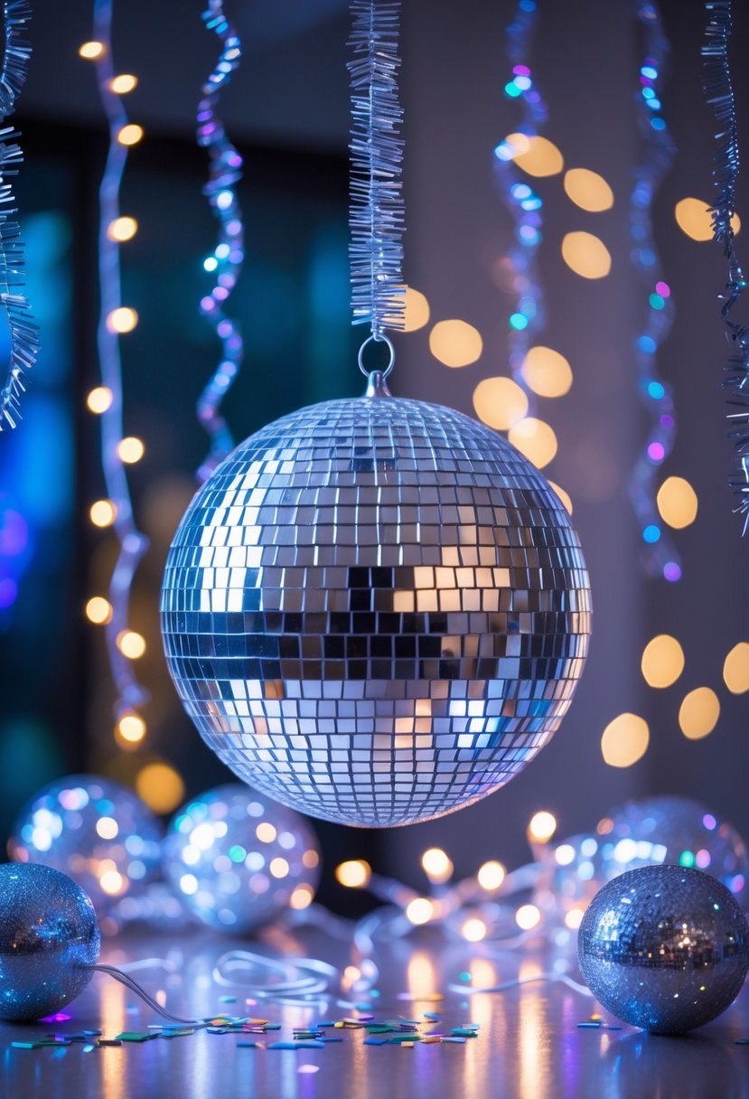 A mirror disco ball hanging indoors with colorful light reflections and festive decorations around it.