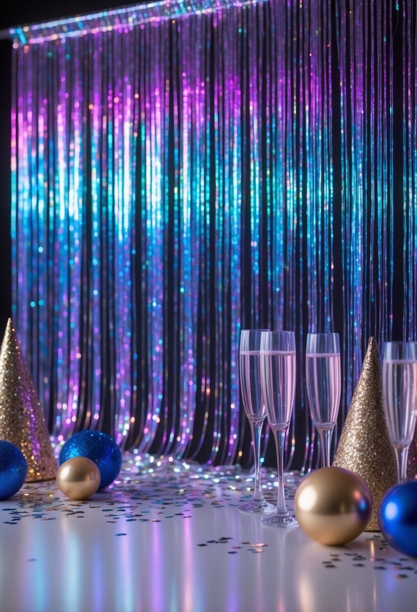 Iridescent fringe curtains hanging as a backdrop with festive decorations including confetti and champagne glasses.