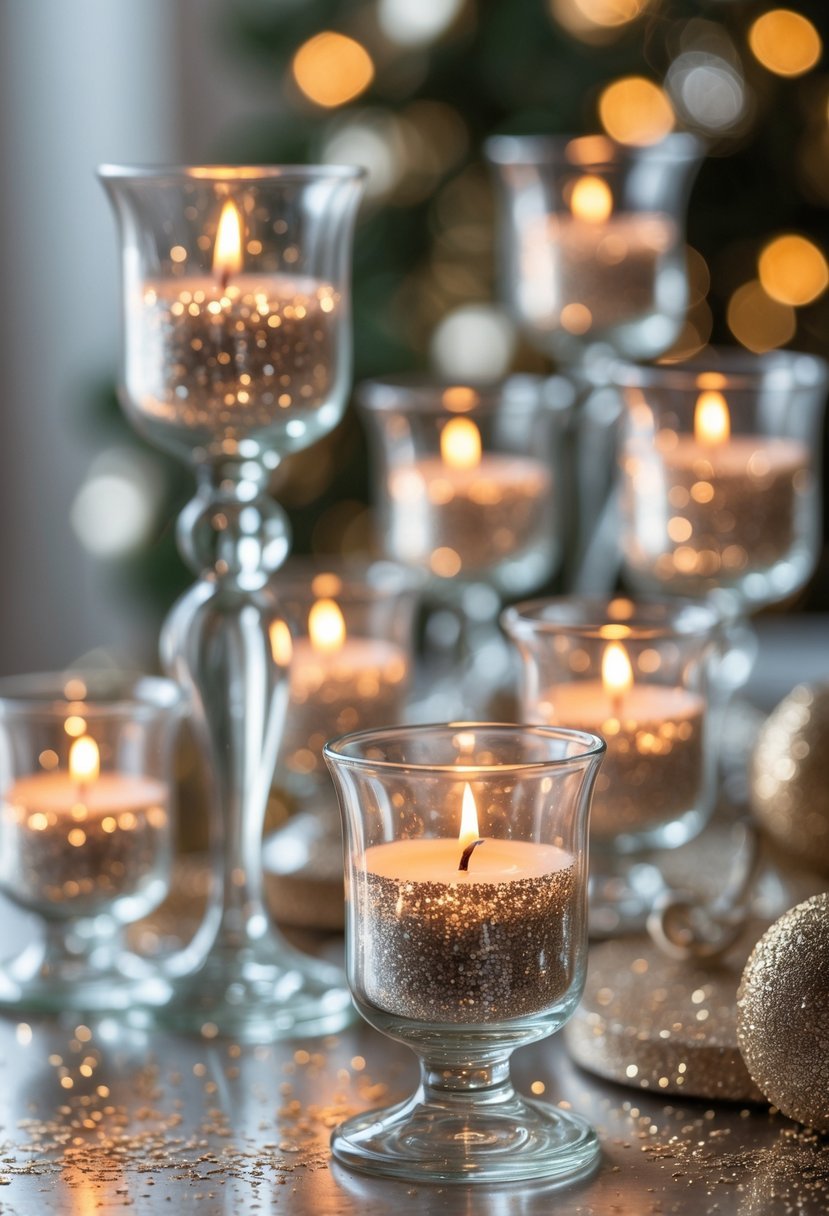 Glass candle holders with glittered votive candles glowing softly on a festive surface.