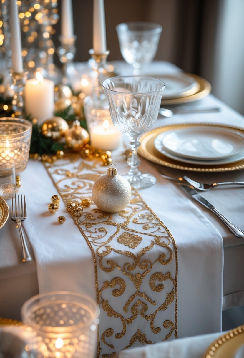A dining table set with white and gold table runners, plates, glassware, candles, and festive decorations arranged for a celebration.