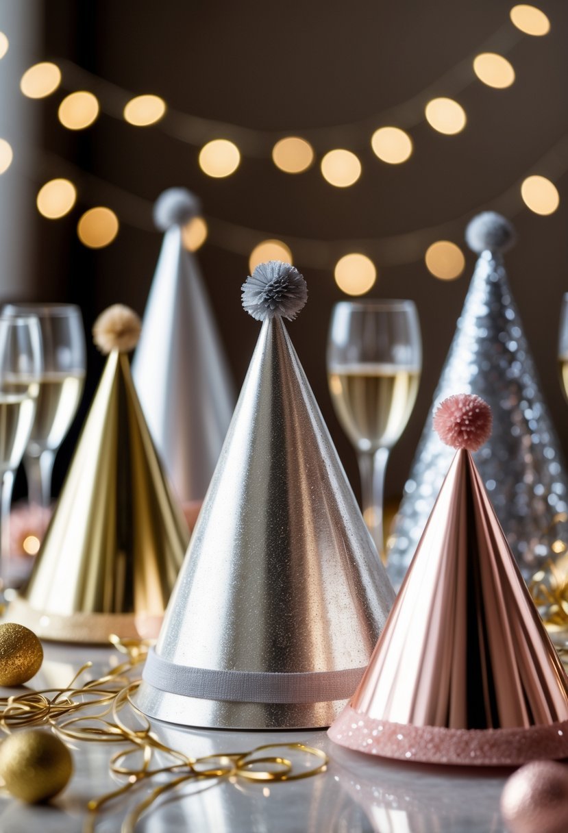 A table with metallic party hats in gold, silver, and rose gold surrounded by confetti, string lights, and champagne glasses.