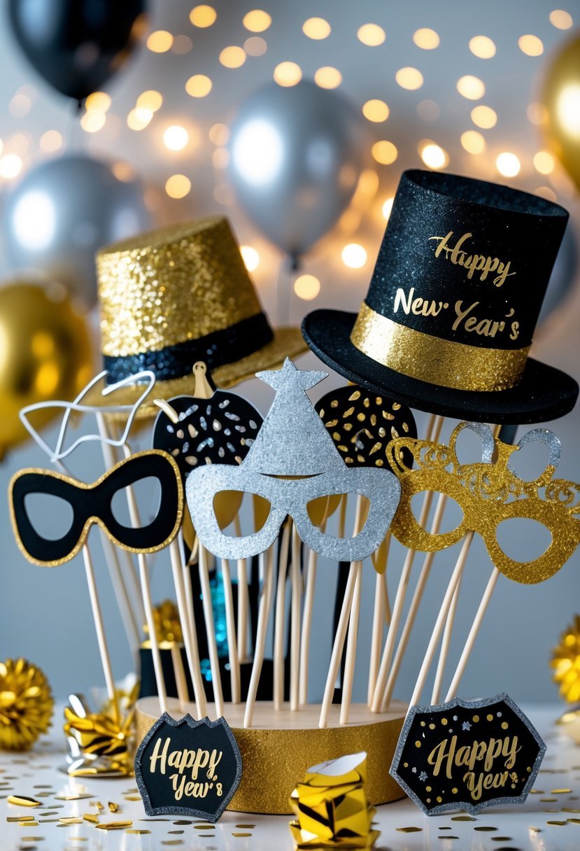 A table with colorful New Year's Eve photo booth props including masks, hats, glasses, and signs, surrounded by festive decorations like balloons and confetti.
