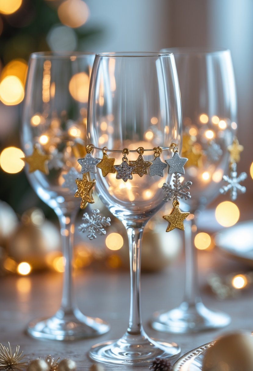 Close-up of sparkling wine glass charms on wine glasses set on a festive New Year's Eve decorated table with warm lighting.