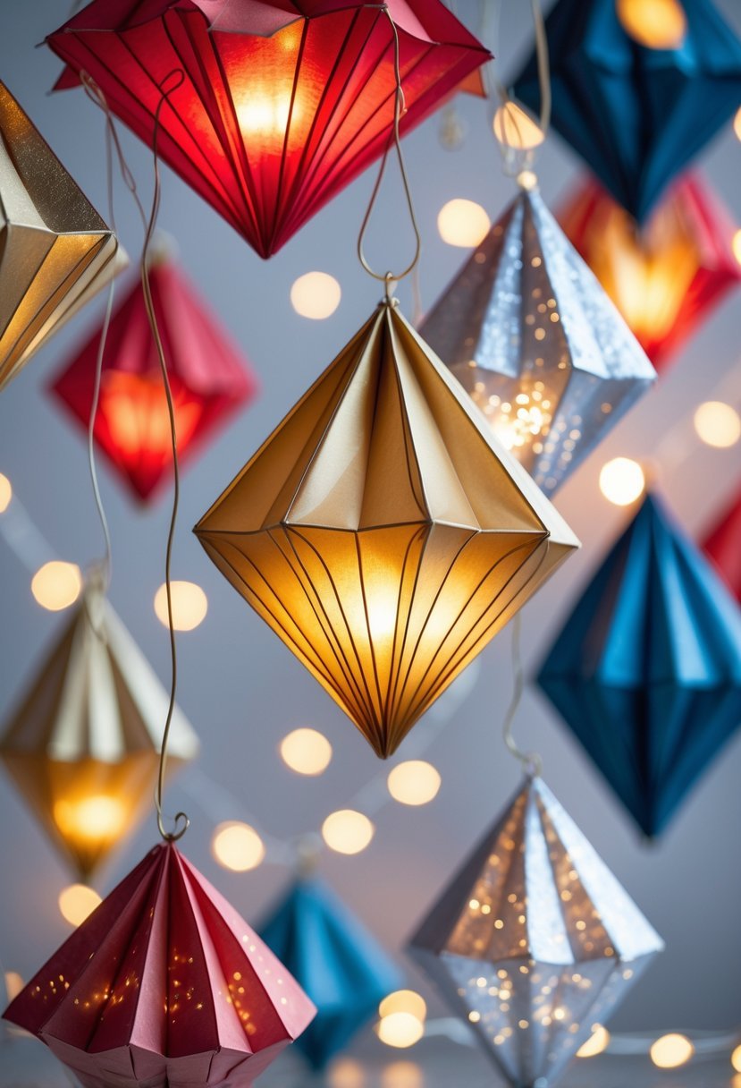 Colorful geometric prism paper lanterns hanging and softly glowing against a blurred background.