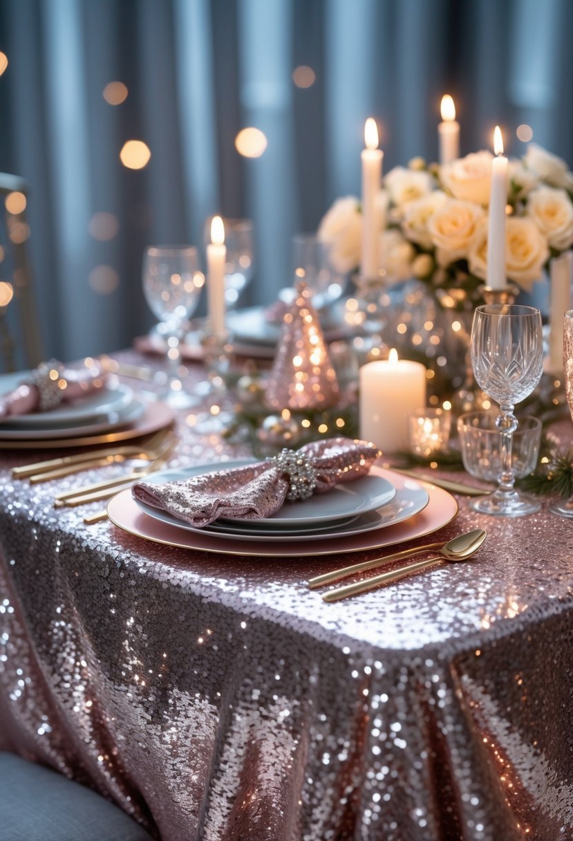 A festive table set with silver and rose gold sequined tablecloths, candles, crystal glasses, and elegant decorations.