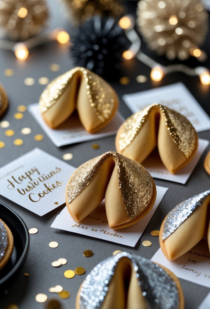 Close-up of glitter-covered fortune cookies with inspirational notes on a festive New Year's Eve decorated table.
