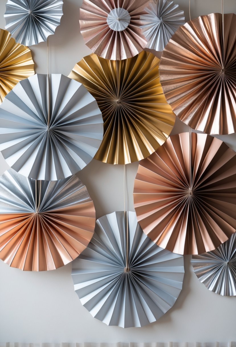 Hanging metallic paper fans in gold, silver, bronze, and rose gold colors arranged as festive decorations.