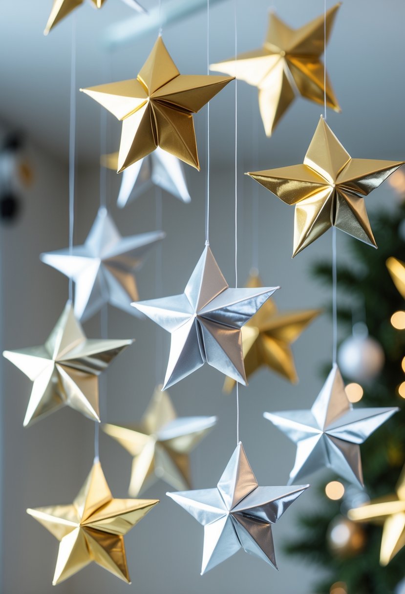 Origami star mobiles hanging from a ceiling with festive decorations in the background.