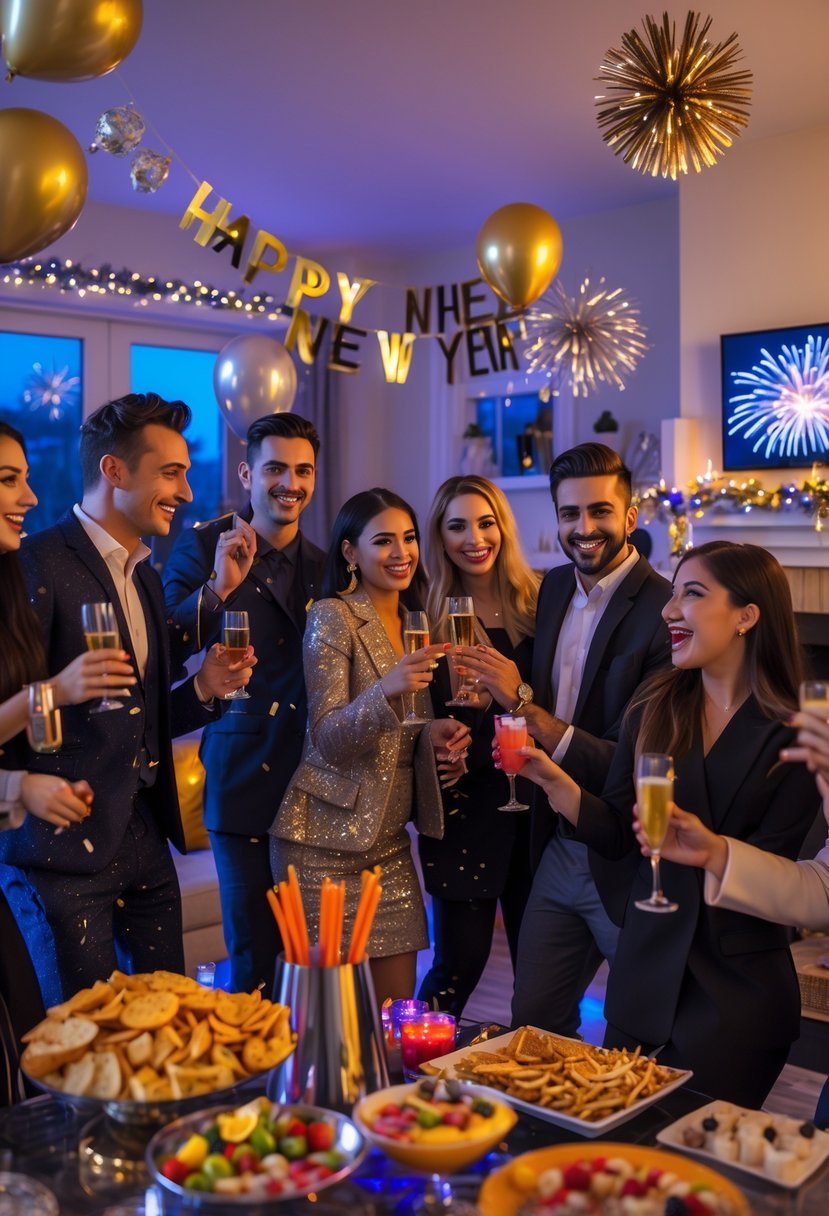 A group of people celebrating a New Year house party indoors with festive decorations, drinks, and joyful expressions.