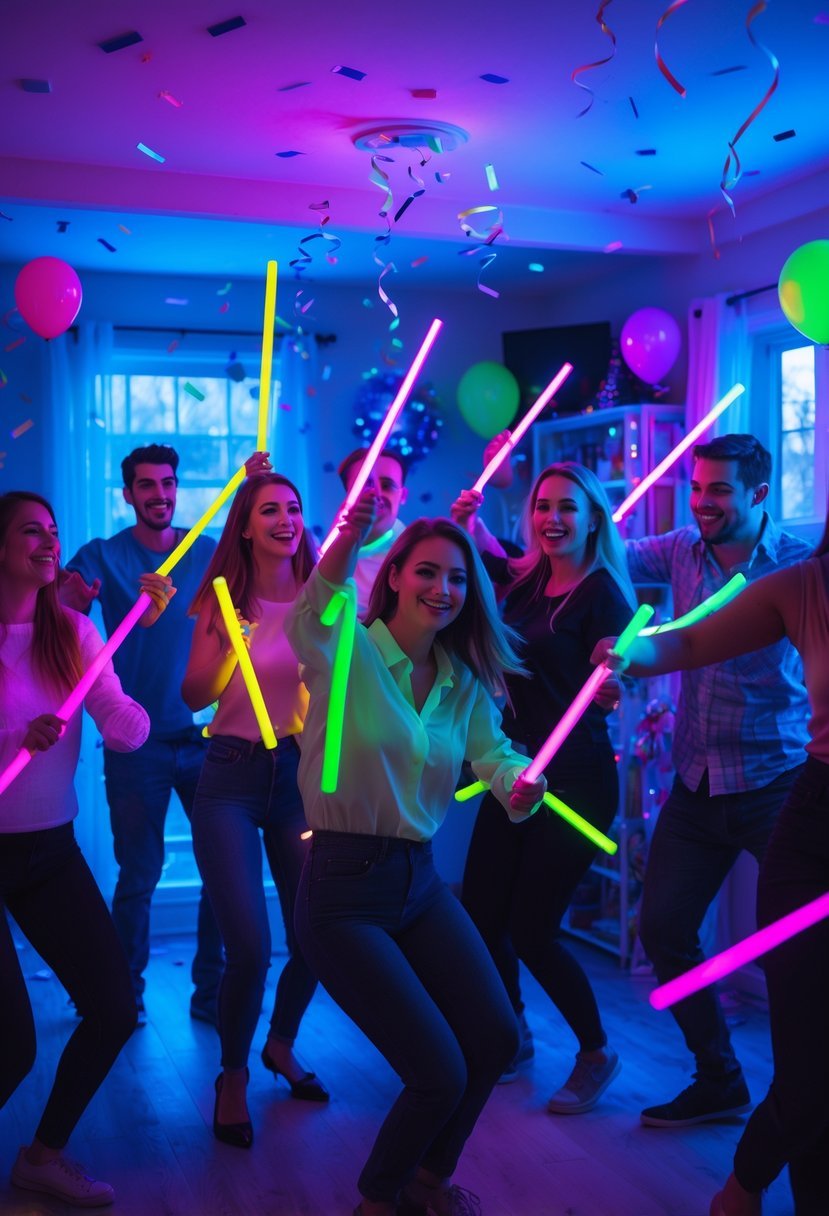 A group of people dancing indoors with colorful glow sticks and festive decorations during a New Year's Eve house party.