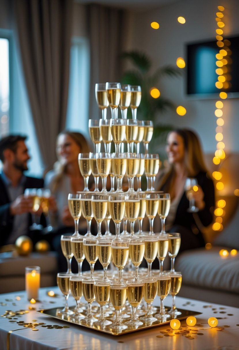 A multi-tiered champagne glass tower filled with sparkling champagne on a table decorated for a New Year house party.