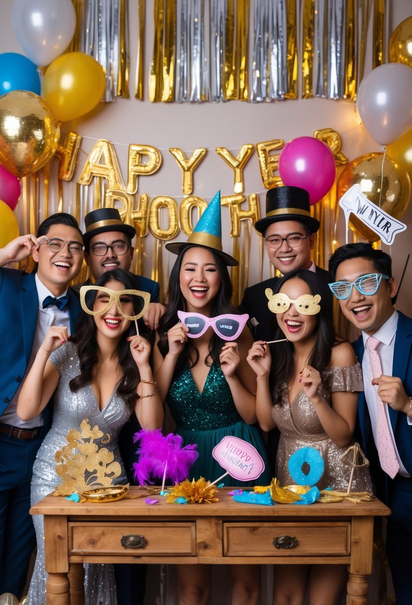 People enjoying a DIY photo booth with festive decorations and party props at a New Year house party.