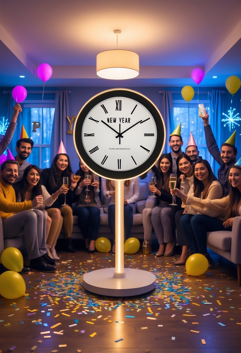 A group of people celebrating a New Year house party around a personalized countdown clock showing the time near midnight, with festive decorations and joyful expressions.