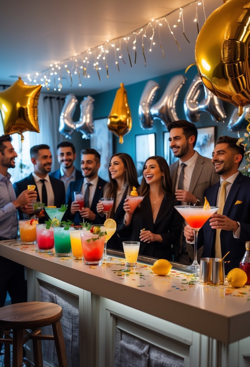 A home cocktail bar decorated for a New Year party with colorful drinks and people enjoying themselves.