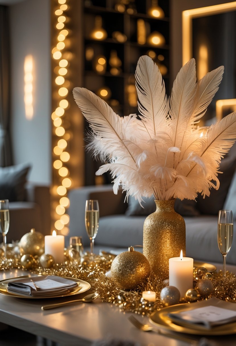 A decorated living room with gold glitter accents and feather ornaments set up for a New Year house party.