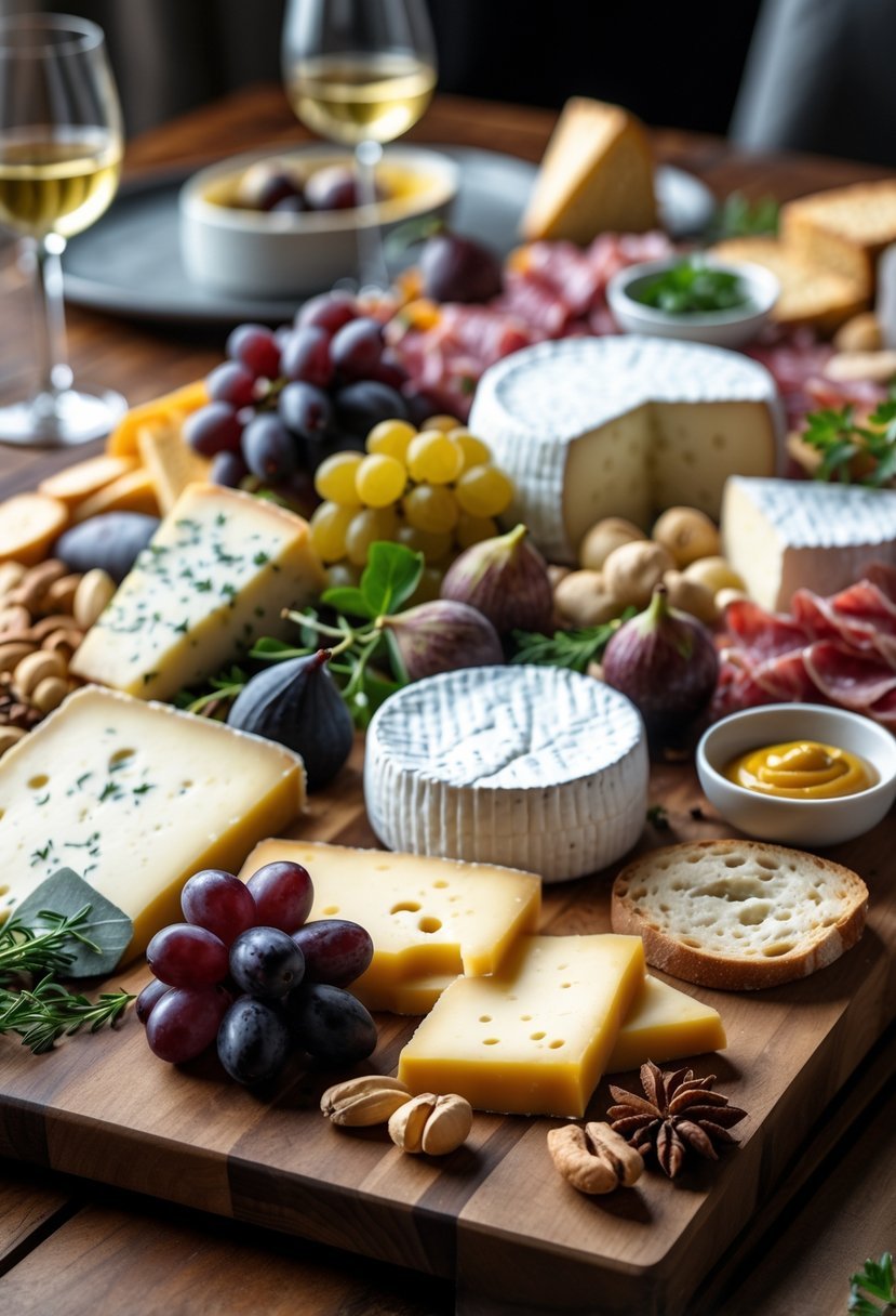 A cheese and charcuterie board with cheeses, cured meats, fruits, nuts, and bread on a wooden table with wine glasses in the background.