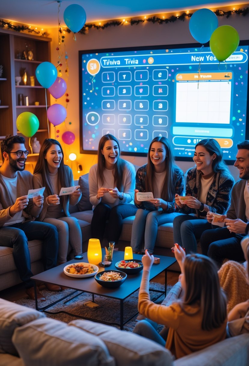 A group of friends enjoying an interactive trivia game at a festive New Year house party in a decorated living room.