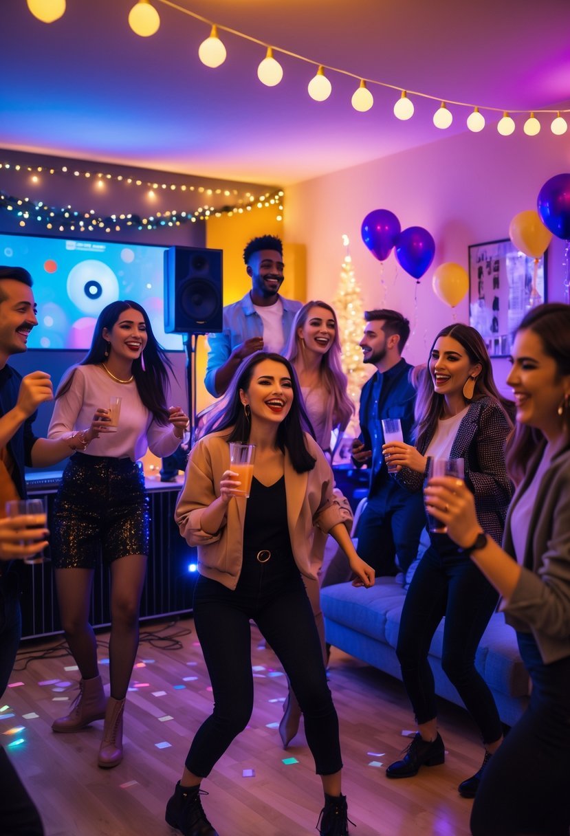 A group of young adults enjoying a lively New Year's house party with decorations, dancing, and music in a modern living room.