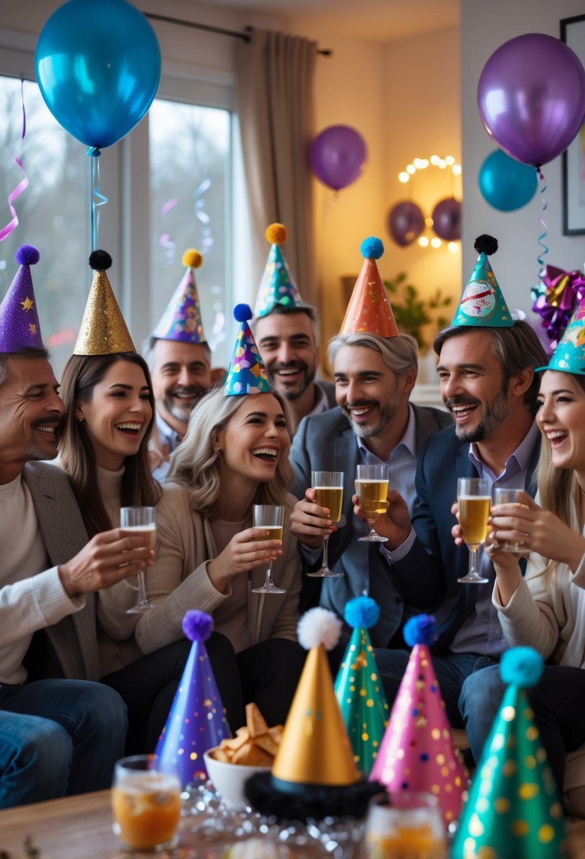 A group of people wearing colorful custom party hats celebrating at a decorated New Year's house party.
