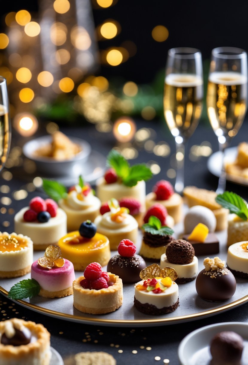 An assortment of colorful mini desserts on a platter at a New Year house party with festive decorations in the background.