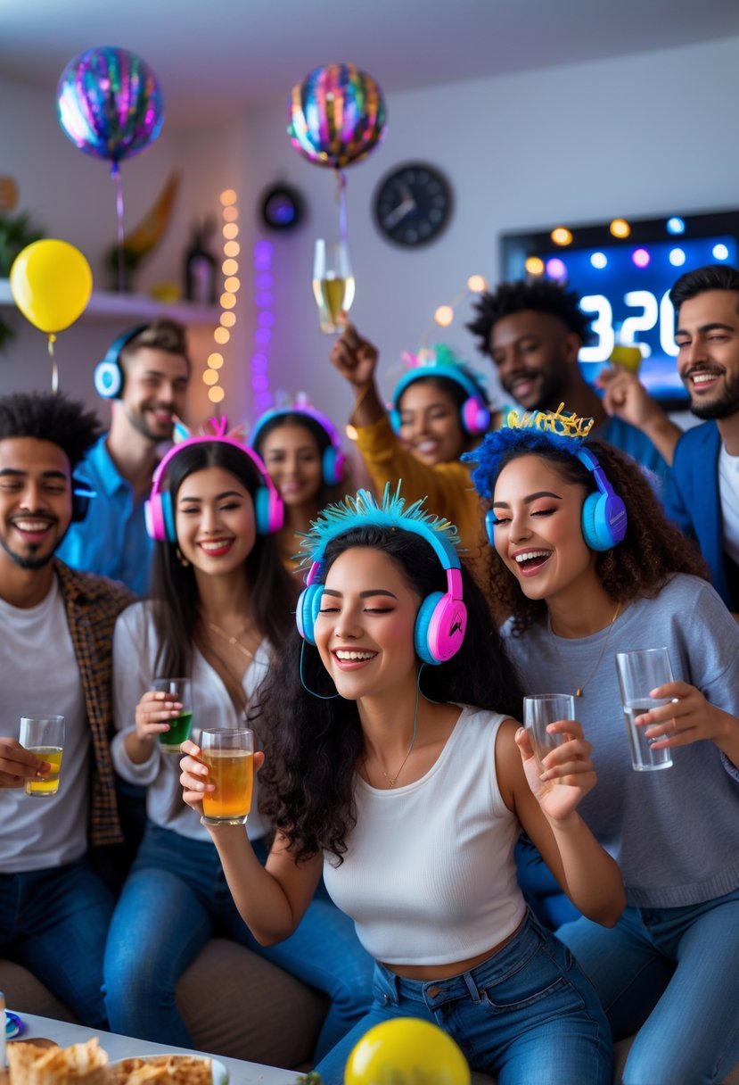 A group of young adults wearing colorful headphones dancing and celebrating at a decorated house party.