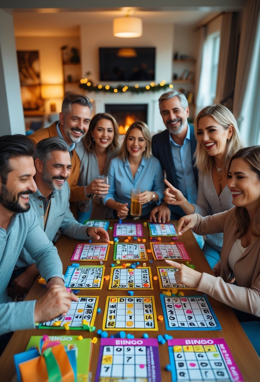 A group of people playing bingo together at a lively New Year house party in a cozy living room.