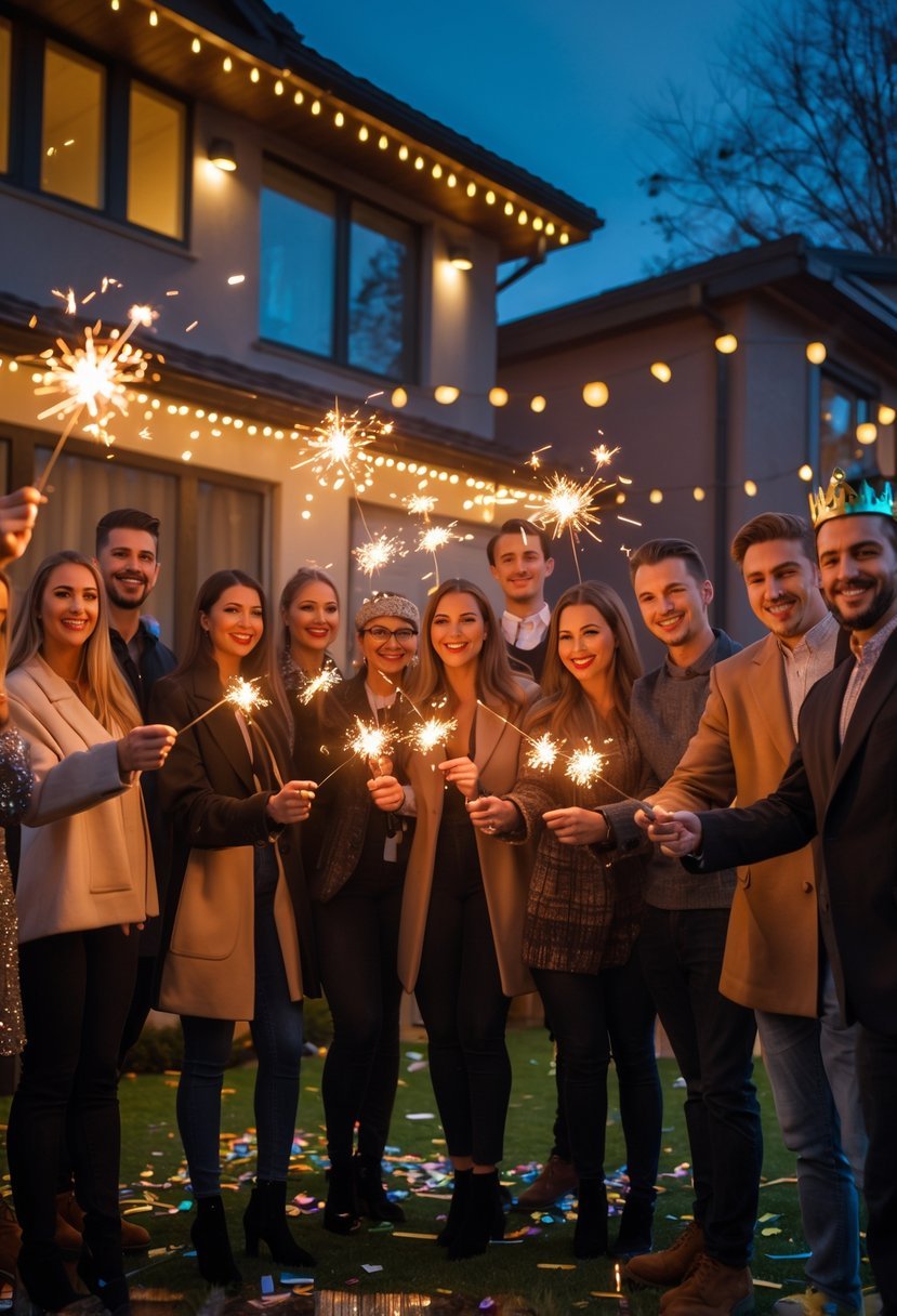 A group of friends holding lit sparklers outdoors at night during a New Year's Eve party.