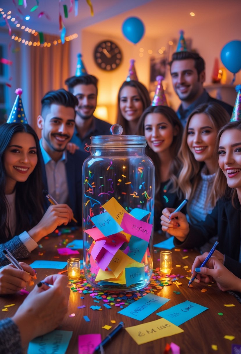 People writing and placing resolution slips into a glass jar at a festive New Year house party.