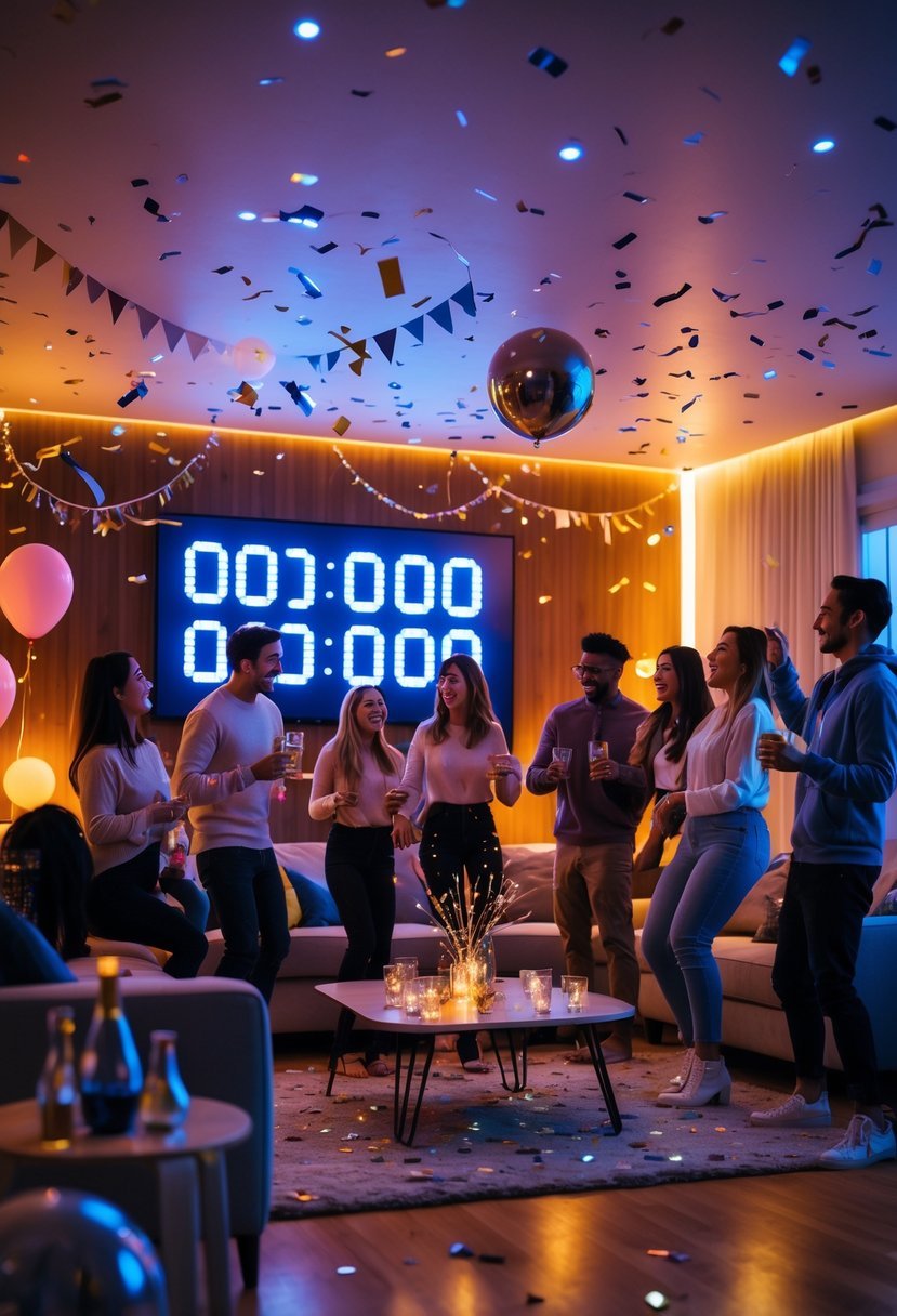 A group of people celebrating a New Year's house party in a decorated living room with a digital countdown timer in the background.