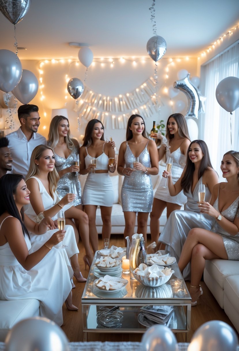 A group of people dressed in white and silver celebrating a New Year house party in a decorated living room.