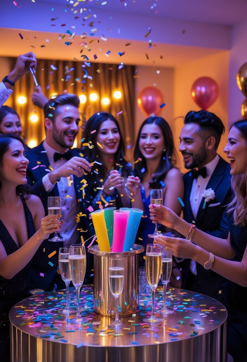 A group of people at a house party celebrating New Year's Eve around a confetti popper bar with drinks and decorations.