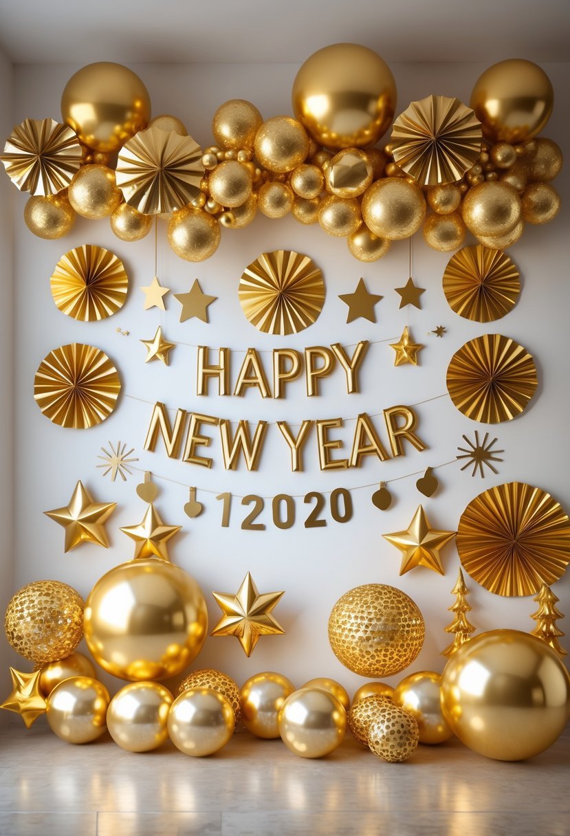 A collection of twenty gold foil New Year wall decorations arranged on a neutral background.