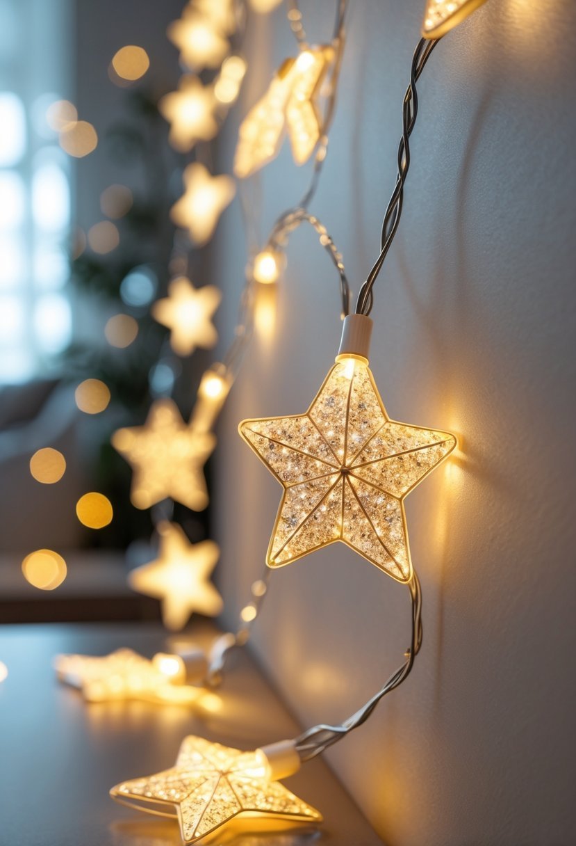 Close-up of LED string lights with star-shaped covers glowing on a decorated wall for New Year.