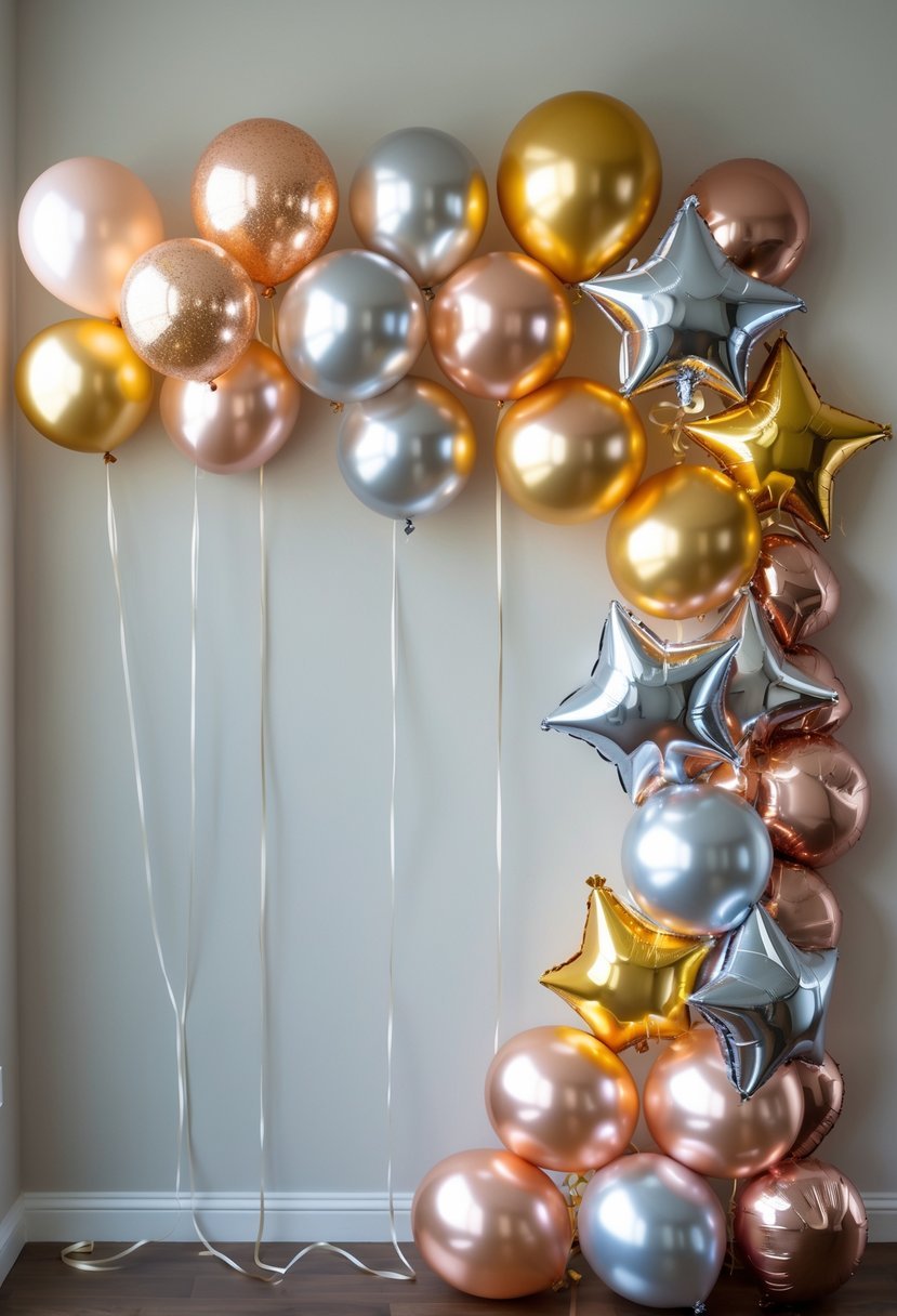 A metallic balloon garland with gold, silver, and rose gold balloons arranged on a wall for a New Year's celebration.