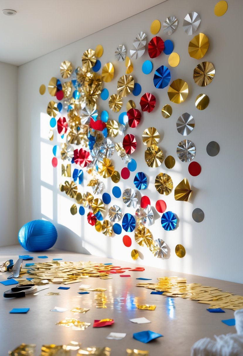 A colorful wall decorated with shiny confetti pieces arranged in festive patterns, with crafting materials nearby.