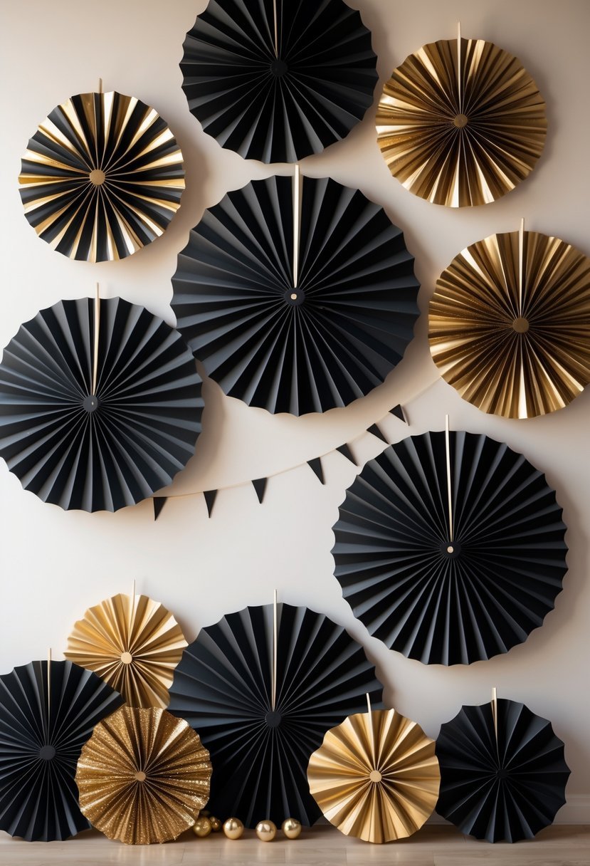 Black and gold paper fans arranged on a wall as New Year decorations.