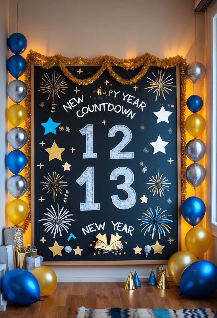A decorated chalkboard with a New Year countdown surrounded by various colorful wall decorations and festive party items.
