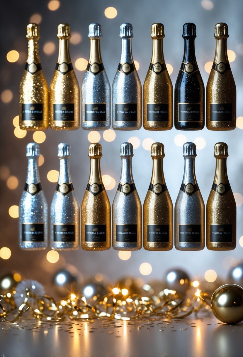 Twenty glittery champagne bottle cutouts arranged against a festive background with soft lights and confetti.
