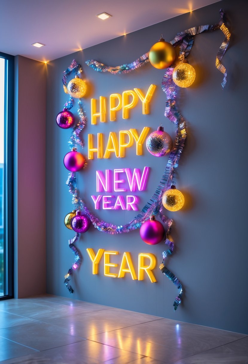A wall decorated with twenty colorful New Year decorations including neon lights, ornaments, streamers, and confetti.