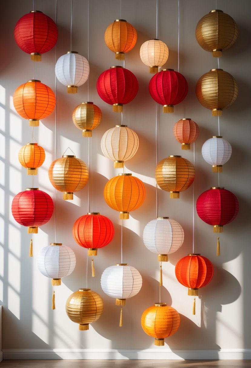 A wall decorated with twenty colorful hanging paper lanterns arranged for a New Year celebration.