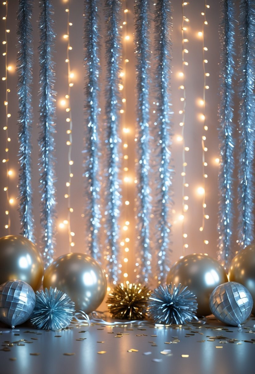 A festive indoor scene with silver tinsel curtains, fairy lights, metallic balloons, and New Year party decorations.