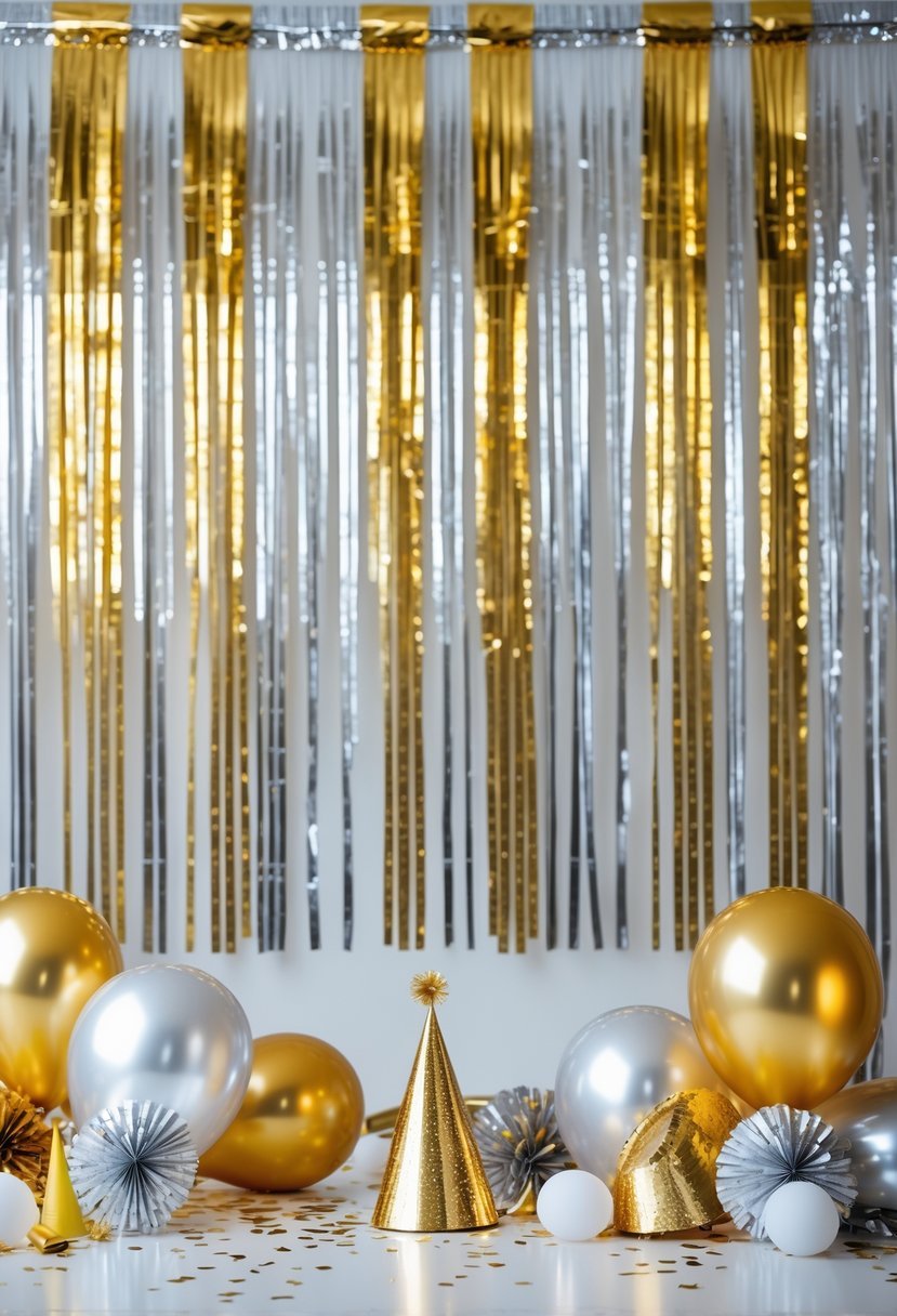 A festive New Year scene with a metallic foil fringe backdrop, balloons, confetti, and party decorations arranged for celebration.