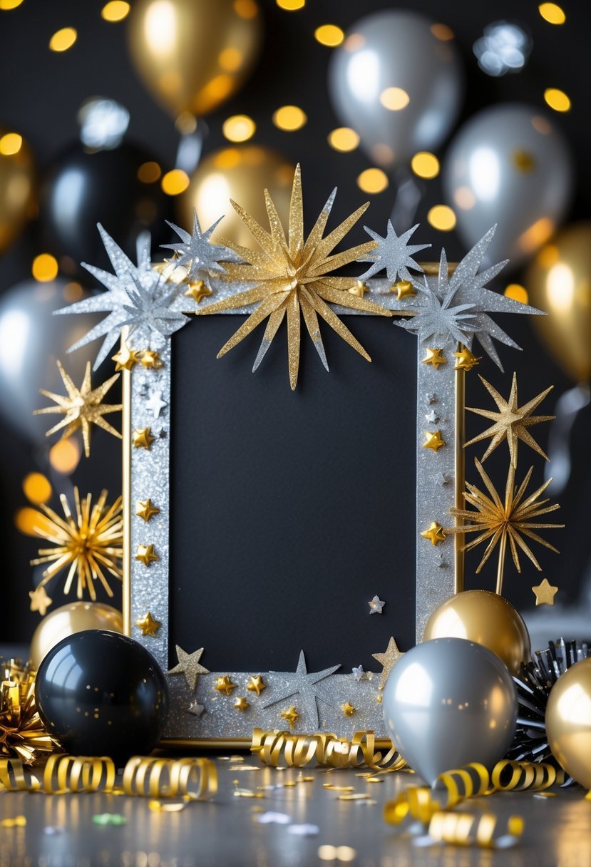 A decorative New Year's Eve photo booth frame surrounded by festive streamers, balloons, and confetti against a softly lit party background.