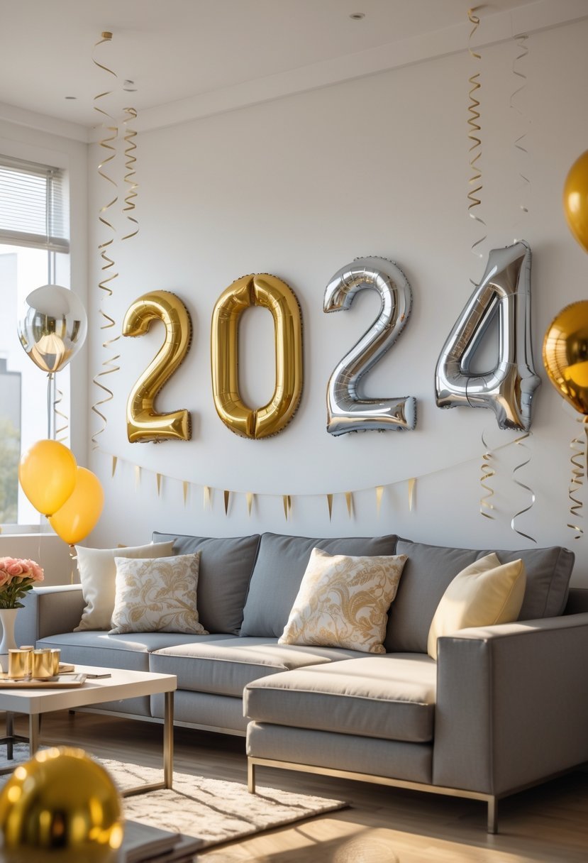 Living room decorated for New Year with large metallic number wall decals displaying 2024 and festive decorations.