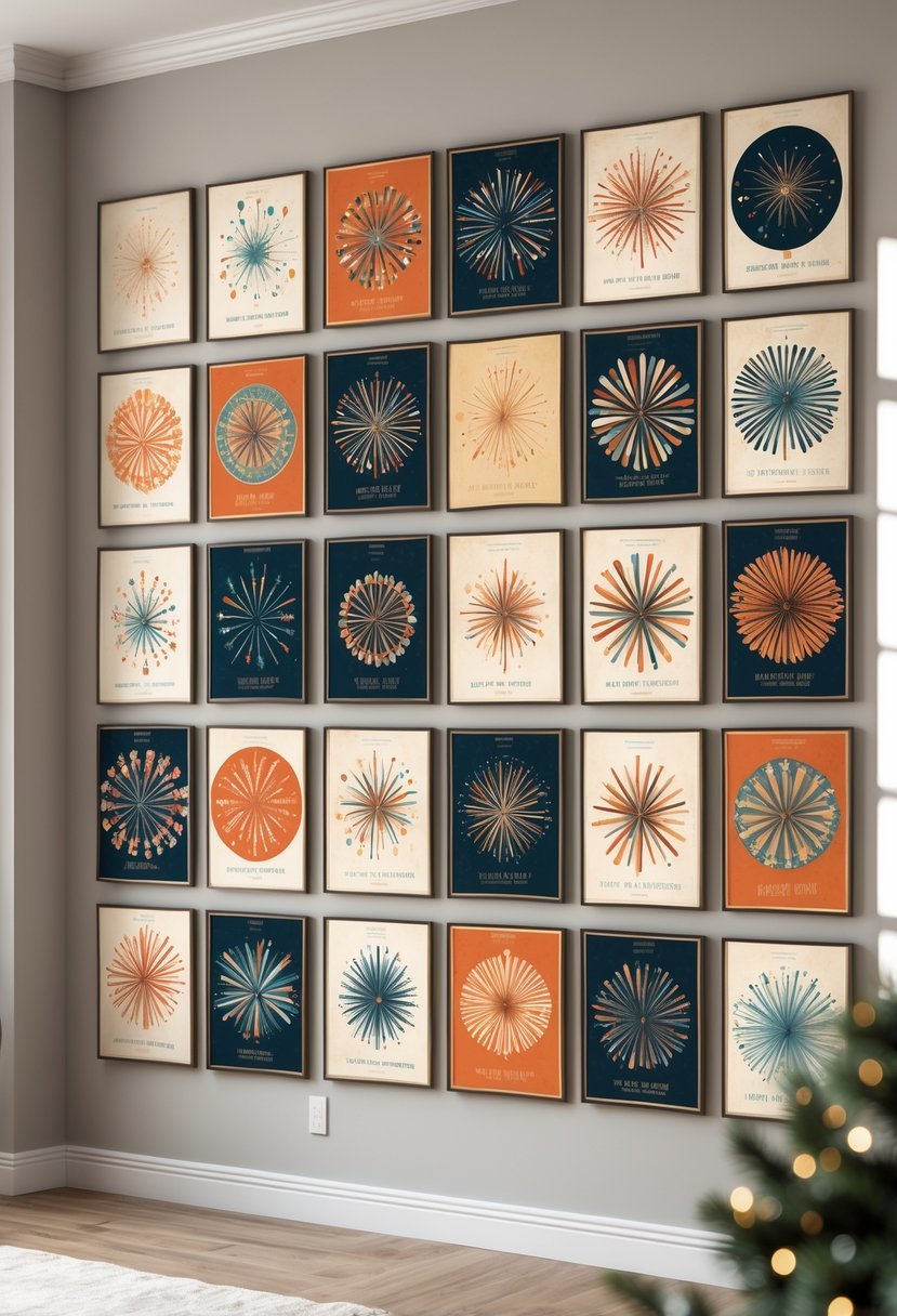 A wall decorated with twenty colorful vintage fireworks prints arranged neatly, showcasing various fireworks designs in a bright room.