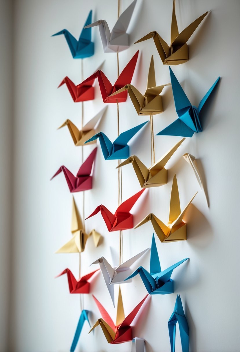 A wall hanging featuring multiple colorful origami paper cranes arranged decoratively on a plain background.