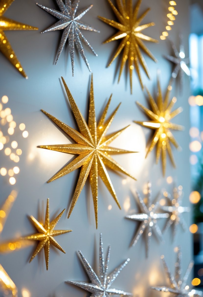A wall decorated with sparkling starburst stickers in gold and silver, creating a festive New Year celebration scene.