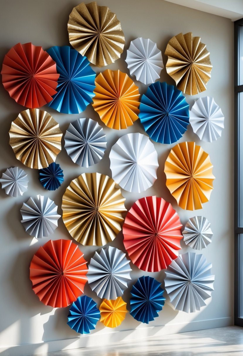 A wall decorated with twenty colorful handmade paper rosettes arranged for New Year celebrations.