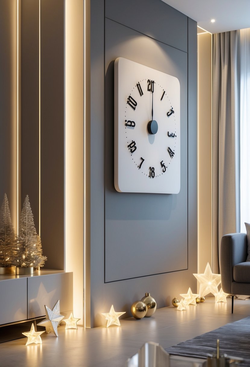 A modern living room with a countdown timer wall art displayed on the wall, decorated with subtle New Year ornaments and warm lighting.